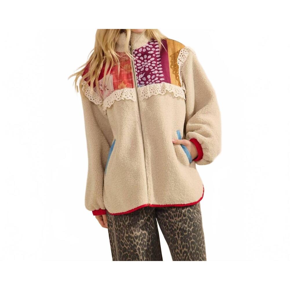 NEW VEVERET women's contrast printed teddy jacket in beige